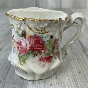 Vintage Victorian White Pink Green Floral Accent Gold Trim Shaving Mug Cup Decor